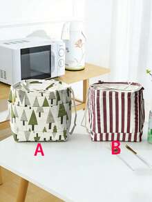 1pc Drawstring Insulated Lunch Bag, Picnic Bento Box Bag, Red Stripe & Green Tree Pattern - Multicolor - View 3
