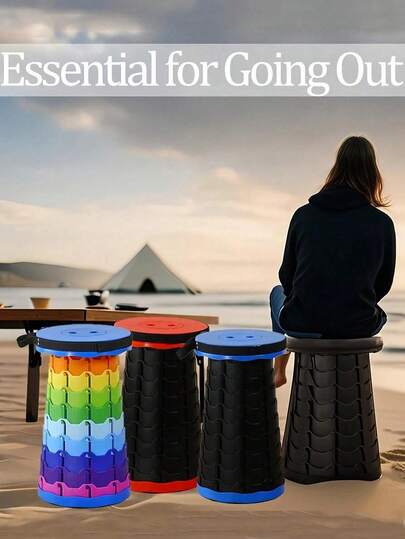 1个便携式折叠圆柱凳，可折叠，伸缩，旅行凳，承重400磅，紧凑型折叠凳，坚固轻便，带把手，高度可调节，适用于钓鱼、徒步旅行、户外露营、烧烤和其他户外活动。（颜色：蓝色、黑色、红色、橙色、黄色、绿色）