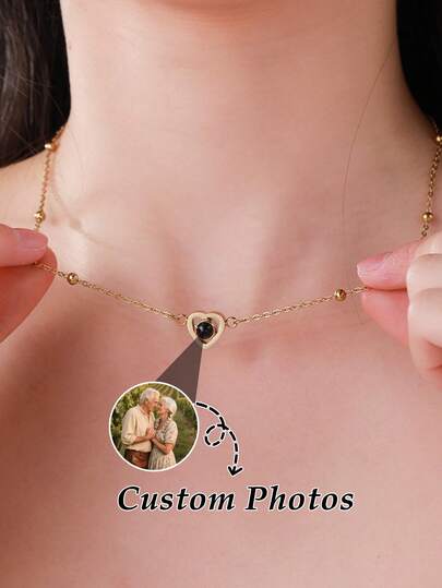 1pc Customized Women's Projection Necklace, Personalized Heart-Shaped Projection Photo Necklace, Beaded Necklace With Heart-Shaped Pendant, Customized Choker Necklace For Girlfriend, Birthday Customized Photo Projection Jewelry, Graduation Souvenir, Prom, Party Jewelry, Women's Accessories, School Supplies, Suitable For Teenagers, Middle School, High School, College Students, Freshmen, Sophomores, Lower Grade Students, Fashionable Customized Photo Necklace, Streetwear Style, Exquisite And Romantic, Fashionable Accessories