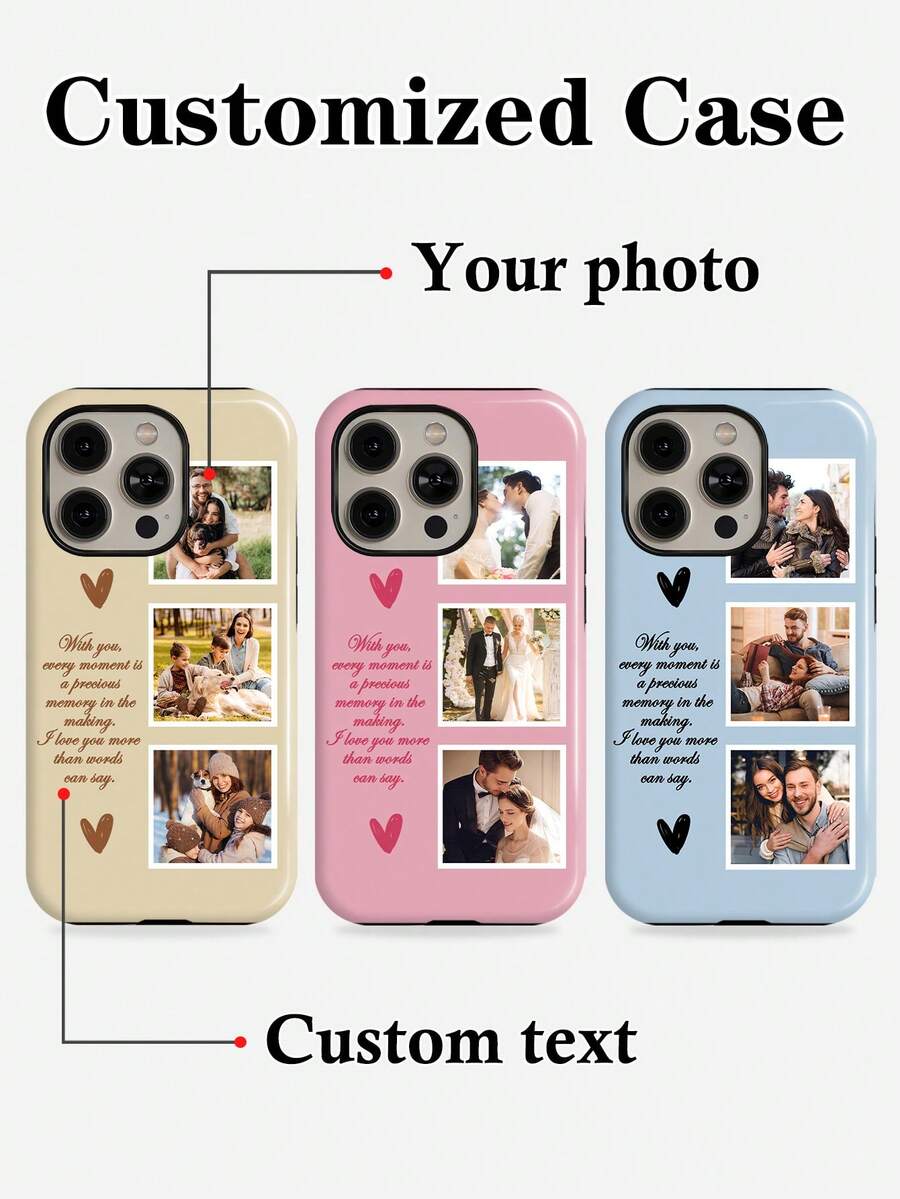1个定制浪漫情侣照片、爱情短语文字个性化手机壳,适用于日常、婚礼、周年纪念、宠物、家庭照片,印制在二合一光面保护硬壳上,兼容 11/12/13/14/15/16/17 Pro Max,国际版,非国内版 - 彩色 - 查看 1