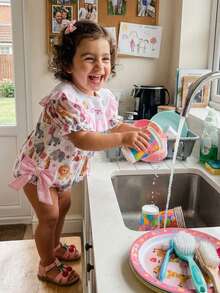 Infant Baby Girl Birthday Romper Letter Embroidery Bow Print Short Sleeve Ruffled Round Neck Bodysuit - Light Grey - View 4