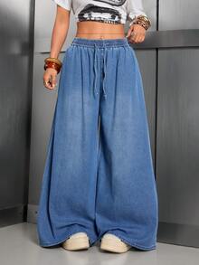 女士休闲阔腿牛仔裤，抽绳腰带，带口袋，长款波西米亚风格，无弹力面料 - 淺色水洗藍 - 查看 2