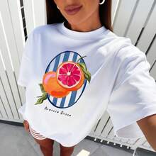 T-Shirt, 100% Cotton, Oversized Blouse, Stylish And Comfortable Women's Fashion, Tropical Fruits, Tangerine - 白色 - 查看 1