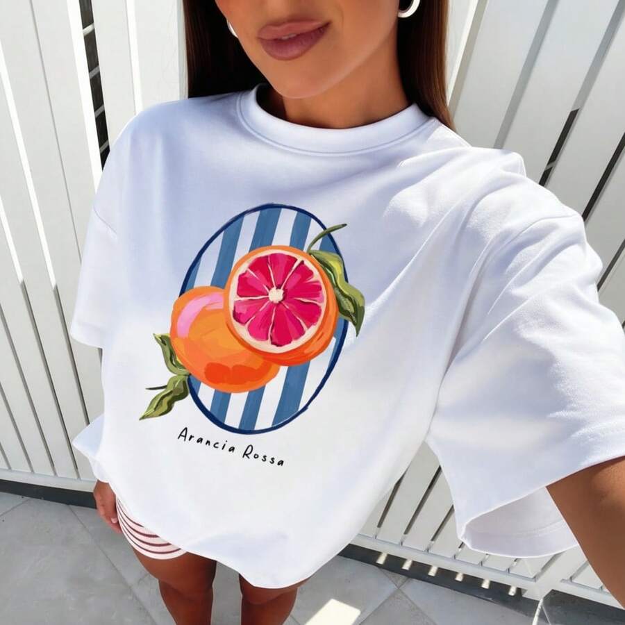 T-Shirt, 100% Cotton, Oversized Blouse, Stylish And Comfortable Women's Fashion, Tropical Fruits, Tangerine - 白色 - 查看 1