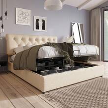 Hydraulic Double Bed Measuring 160x200 Cm. Adjustable Headboard With Metal Frame, With Storage, Mattress Not Included. - Beige - View 2