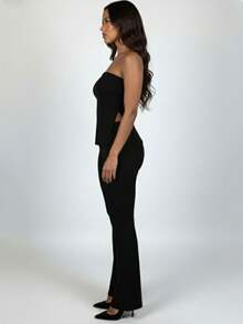 Women's Sexy Casual Rib-Knit Bandeau Long Two-Piece Outfit With Split Detail High Stretch Fabric - 黑色 - 查看 2