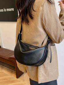 Women's Leather Dumpling Bag, PU Leather Saddle Shoulder Bag, Solid Color, Daily Commute Bag With Adjustable Strap - Black - View 5