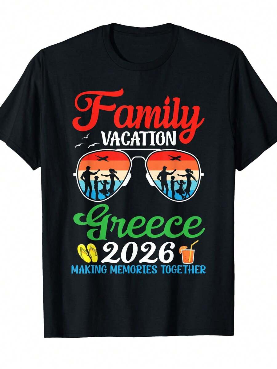 Family Vacation Greece 2026 Making Memories Together Trip T-Shirt | 100%, Regular Fit, Crew Neck, Sizes S-Xxxl, Casual Men's/Women'S Tops, Humorous Apparel, Durable Stitching, Perfect Gift For Birthdays, Christmas, Parties - 黑色 - 查看 1