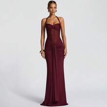 Backless Halter Neck Gown With Draped Sash - High Waist Mesh & Chiffon Evening Dress For Wedding Guest & Formal Banquet - 酒紅色 - 查看 1