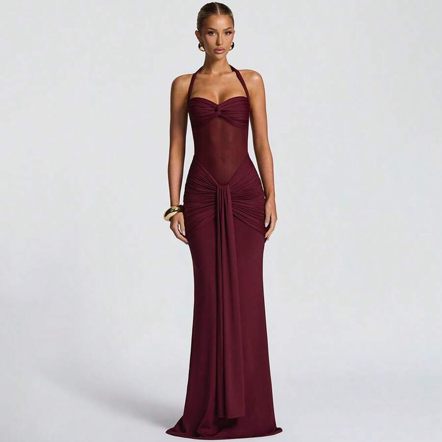 Backless Halter Neck Gown With Draped Sash - High Waist Mesh & Chiffon Evening Dress For Wedding Guest & Formal Banquet - 酒紅色 - 查看 1