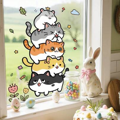 1pc Removable Glass Wall Sticker With Cartoon Cat Design