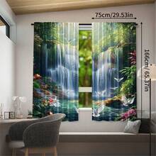 2pcs Nature Style Waterfall & Forest Landscape Blackout Curtains, Polyester, With Rod Pocket, Modern Design, Machine Washable, Suitable For Bedroom And Multiple Rooms - Multicolor 2 - View 12