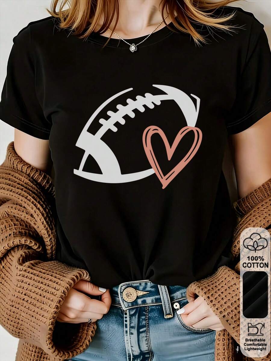 Rugby Damen Frühling/Sommer Neuankömmling: Kurzarm T-Shirt mit Herz- und Fußball-Grafik, Rundhalsausschnitt, lässiger weicher Baumwollstil, perfektes Alltagsoutfit Geschenk für die Herbstsaison - Schwarz - Übersicht 1