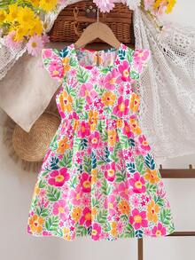Vestido con estampado floral y cuello cuadrado para niñas, diseño alegre y elegante, adecuado para uso diario, fiestas o festivales, cómodo y de moda - Multicolor - Ver 5
