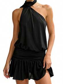 Women's Summer Tank Dress Sleeveless Halter Neck Solid Color/Dot Print Mini Cocktail Dress - Black - View 4