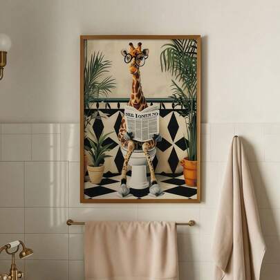 1幅现代抽象帆布海报，描绘了一只长颈鹿在厕所里 | 动物主题墙饰，色彩鲜艳，适用于各种房间，无框哑光