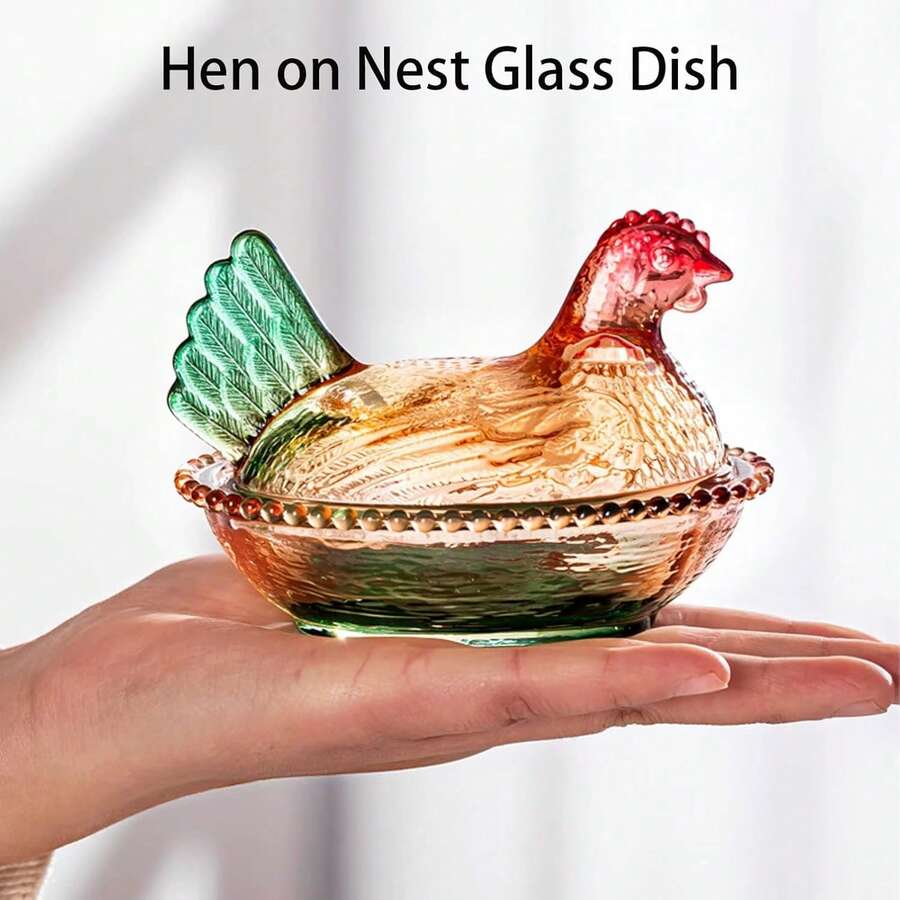 1Pc Hen On Nest Glass Dish With Lid, Vintage Easter Decor Candy Dishes For Snacks Dessert Cookies, Colorful Chicken Shaped Cookie Jar Rooster Candy Bowl For Home Kitchen Office Tabletop Decoration - Red and Green - View 1