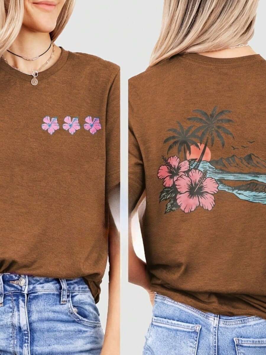 Camiseta de impresión doble cara Paraíso Tropical | Diseño exótico de flores y palmeras para amantes de la playa | Mezcla de algodón suave para vacaciones y uso de verano - Café integral - Ver 1