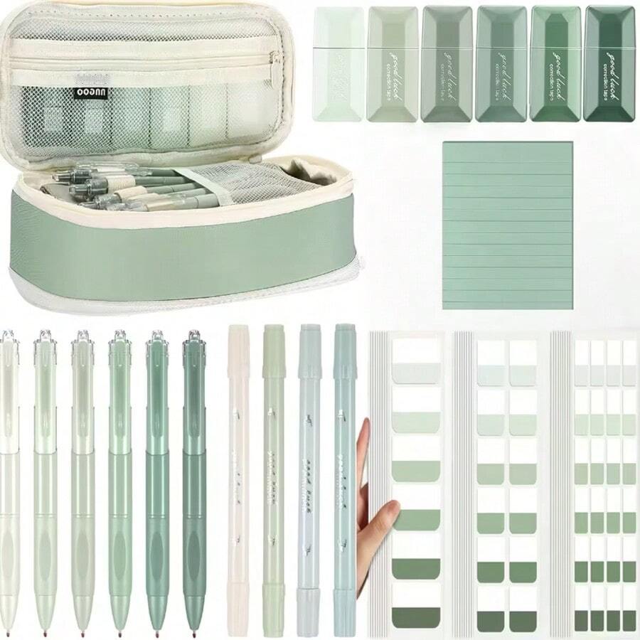 Pastel Aesthetic Pencil Case Set With Cute Pencil Case, Highlighters, Gel Pens, Mechanical Pencils - Assorted Colors, Durable Plastic, Ideal For Office & College Essentials, Stationery Supplies, Pencil Case Pouch, School Supplies, Playful Design, Quality Stationery - 綠色 - 查看 1