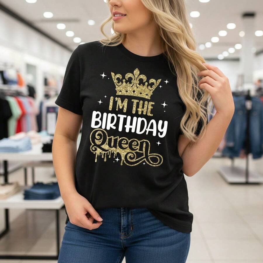 Women's Birthday Queen Graphic Tee, Cotton Short Sleeve O-Neck T-Shirt With Gold Crown Print, Casual Loose Fit Top For Party, S-5XL Sizes, Black - 黑色 - 查看 1