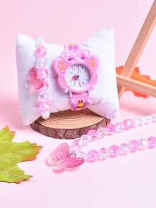 3pcs/Set Creative Movable Butterfly Quartz Watch, Children's Watch, Luxury Acrylic Princess Necklace & Bracelet Jewelry Set, Gift For Girls - Pink - View 5