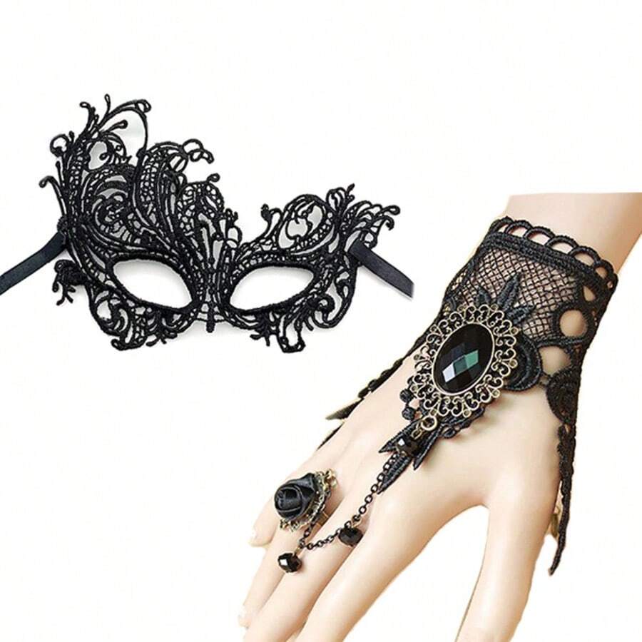 1 Stück luxuriöse Spitzen-Augenmaske, entworfen für Maskenball, Kostümzubehör, bequem zu tragen, geeignet für Festivals und Partys - Armband + Maske - Übersicht 1