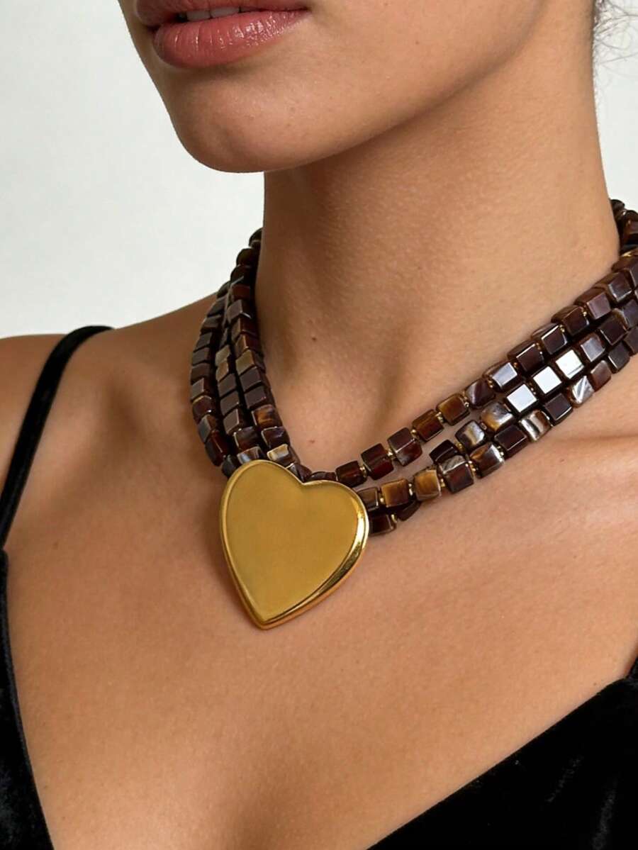 1件不锈钢不对称心形棕色方形串珠多层项链，18K镀金防水时尚百搭女士项链