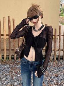Sexy Black Hollow Out Knit Cover Up Shrug For Women - Black - View 3