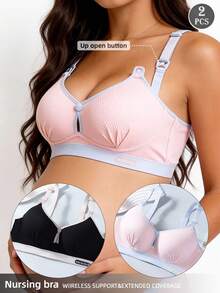 2pcs Maternity Nursing Bras, Wire-Free Front Closure, Supportive & Breathable, Postpartum - Multicolor - View 3