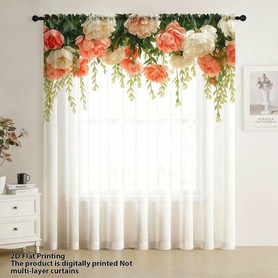 1 pezzo Tenda decorativa in stile francese elegante, in fibra di poliestere, con stampa floreale ad acquerello rosa e bianco (peonia/Paeonia) e foglie verdi, adatta per case in affitto, soggiorno, camera da letto, balcone, rimovibile e lavabile in lavatrice per piccole finestre