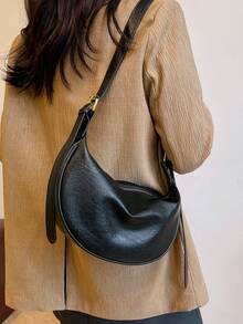 Women's Leather Dumpling Bag, PU Leather Saddle Shoulder Bag, Solid Color, Daily Commute Bag With Adjustable Strap - Black - View 6