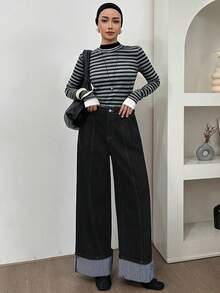 Livesso Women's Striped Print Round Neck Casual Versatile Long Sleeve T-Shirt - Grey - View 4