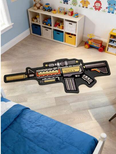 1pc Cyberpunk Simulated Machine Gun Shaped Carpet, Pixel Design Perfectly Replicates Sci-Fi Weapon Mechanical Details, Black-Gold-Orange Contrast Filled With Cyberpunk Vibe, Visually Striking Focal Point On The Floor. Not Only The Soul Decor For Esports Room, But Also Can Be Placed In Bedroom, Study, Or Displayed As Collectible, Hardcore Gamer Identity Fully Expressed. Doormat, Living Room, Bedroom Carpet