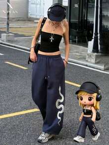 Women's Long Wide Leg Sweatpants, Snake Skin Knit Fabric With Rhinestones, Ladies Casual Pants - Navy Blue - View 1