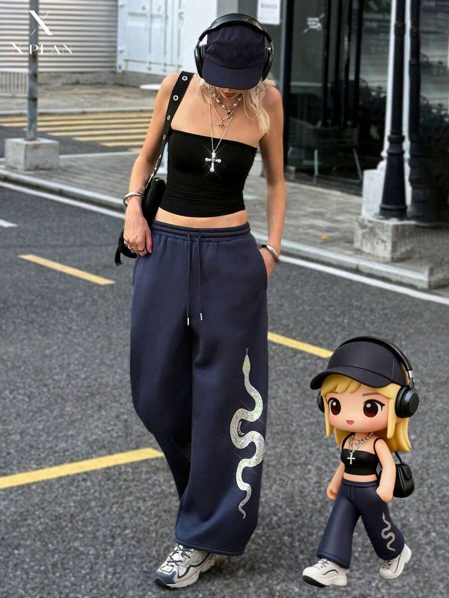 Women's Long Wide Leg Sweatpants, Snake Skin Knit Fabric With Rhinestones, Ladies Casual Pants - Navy Blue - View 1