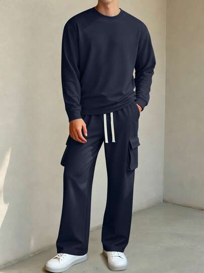 Voidago Bộ áo nỉ dài tay và quần cargo nam, eo rút dây với nhiều túi, kiểu dáng giản dị và đa năng, trang phục ấm áp và phong cách dành cho nam giới, thích hợp cho các chuyến đi cuối tuần, hoạt động ngoài trời, du lịch thám hiểm, quà tặng cho bạn trai.