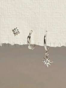 3PCS Mobius Rotating Twisted Earrings Starburst Earnail Pendant Set Copper Alloy Inlaid With Cubic Zirconia Middle East High Model Suitable For Women's Daily Gift Giving, Photography, Wearing Jewelry Earbone Jewelry - 扭紋耳環套裝 - 查看 10