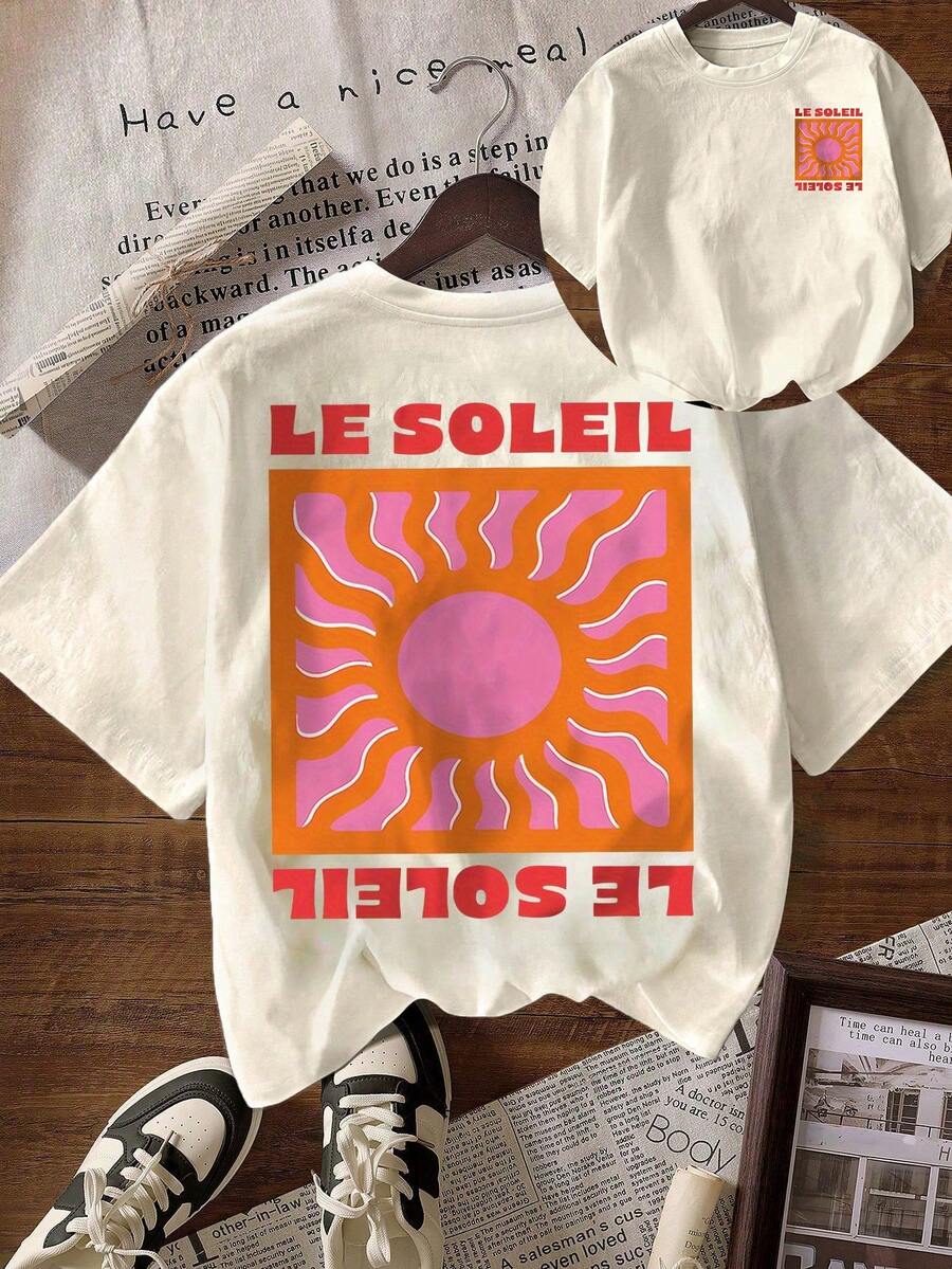 Damen Vintage Französisch Urlaubs Strand Grafik T-Shirt, apricotfarben, lässiger Rundhals Kurzarm Sommer - helle Aprikose - Übersicht 1