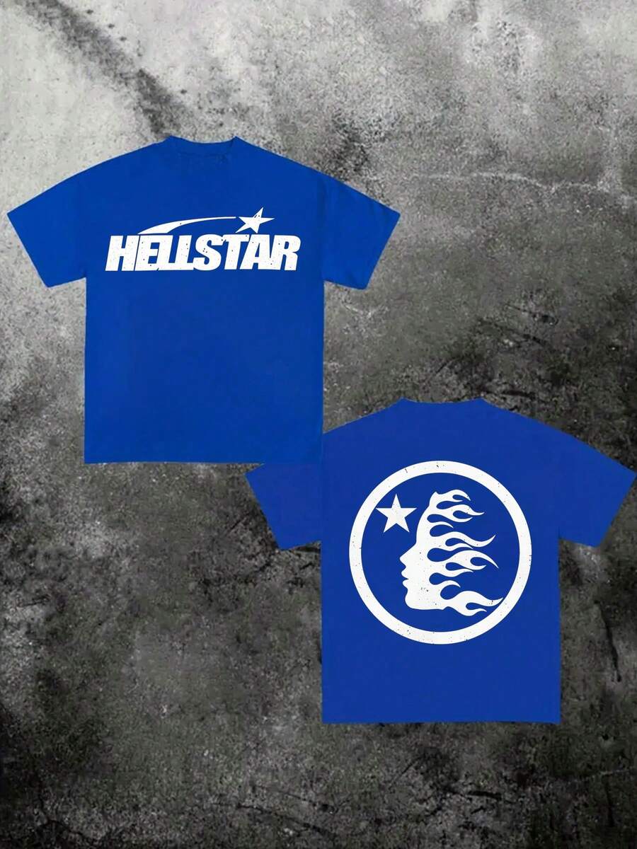 (220 Cotton T-Shirt Double-Sided Printing) Blue 1pc Flame & Star Graphic T-Shirt, Y2K, Streetwear, Digital Print T - Shirt Casual Comfort Cotton Tee For Spring & Summer Fall Men's Clothing, Gift, Unisex - Blue - View 1