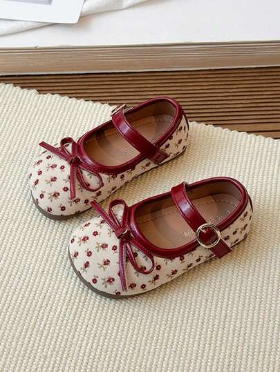 Toddler Girls' Flat Shoes With Bowknot, Polka Dot, Printed Baby First Walking Shoes