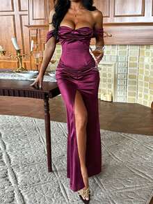 Đầm satin trễ vai mùa hè Onecee, màu đỏ rượu vang, đầm dự tiệc thời trang, đầm thanh lịch phù hợp cho lễ hội, hẹn hò, tụ họp, tiệc tùng, du lịch, kỳ nghỉ, đi biển và các dịp khác. - Màu Đỏ Sâu - Xem 3