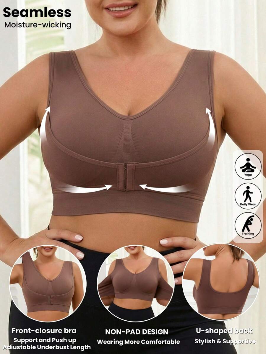1pc Seamless Wireless Lift & Support Front Closure Adjustable Comfortable Side Gather Yoga Bra, Wireless Cup Sports Bra For Plus Size Women Spring