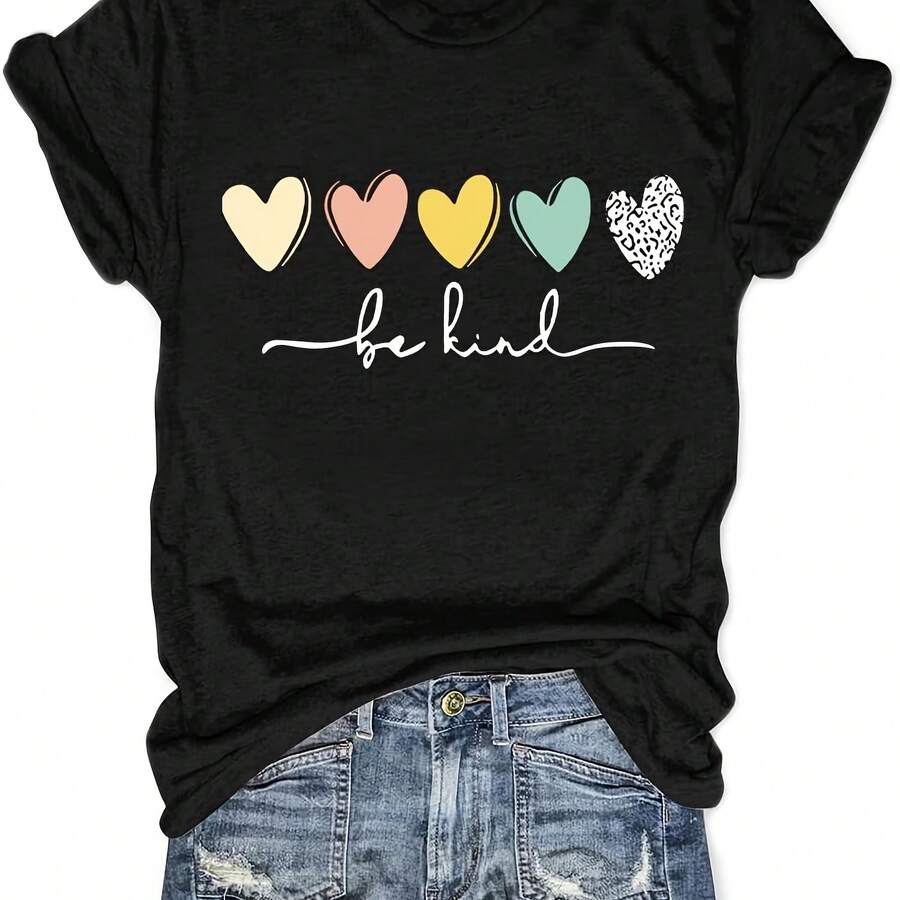 Be Kind T Shir Women Graphic Teacher Shirt Short Sleeve Inspirational Heart Print Graphic Tees - Negro 3 - Ver 1