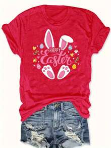 Easter T-Shirt Egg Flower Bunny Ears Bunny Feet Caster Letter Print Plus Size Round Neck - 紅色 - 查看 1