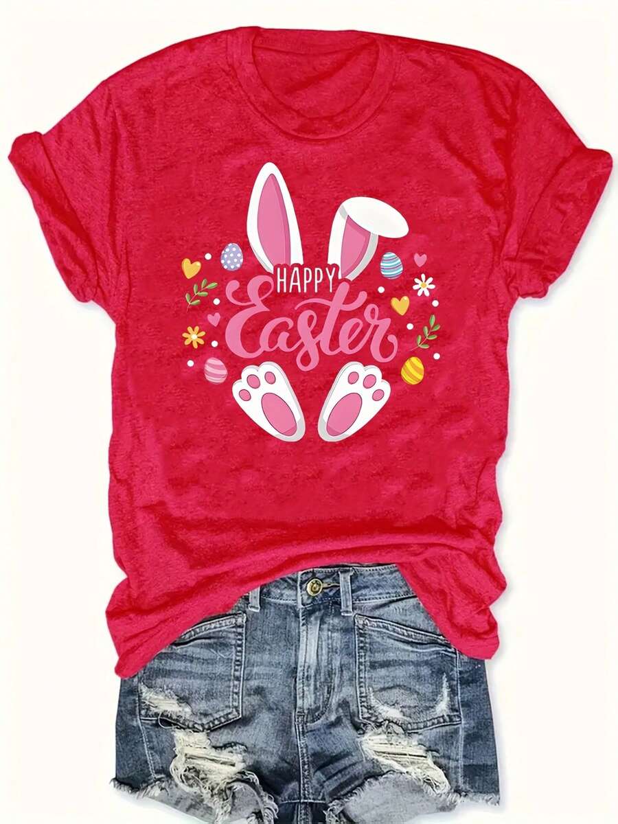 Easter T-Shirt Egg Flower Bunny Ears Bunny Feet Caster Letter Print Plus Size Round Neck - 紅色 - 查看 1