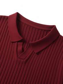 Men's Ribbed Airplane Collar Polo Knit Shirt, Short Sleeve, Summer Fashion - Burgundy - View 10