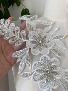 1-delat set med 3D-blommig spets applicerad tyg med strass, 10x5 tum spetsbroderilapp, applicerad bröllopsbroderi, bröllopsklänning, klädväska DIY, vit - ZH400 - Visa 5