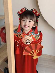 1件复古风发箍新年红色发箍假发辫花流苏发夹女孩发饰中国风头饰 - 彩色 - 查看 4