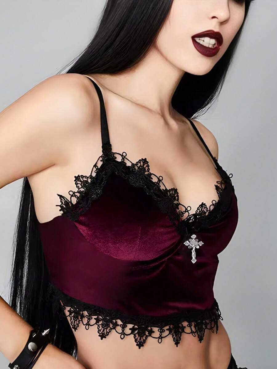 GLAM Gothic Cropped Top With Lace Straps - Đỏ - Xem 1