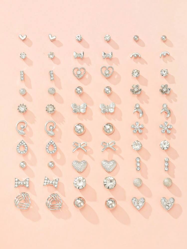 30 pares de juego de aretes surtidos brillantes, incluye diseños de moño, corazón, gota y rhinestone, combinación de aretes de metal, adecuado para uso diario, citas, salidas, regalo de vacaciones para mujeres - Plateado - Añade 6